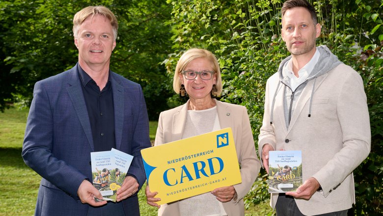 Michael Duscher – Geschäftsführer Niederösterreich Werbung, Landeshauptfrau Johanna Mikl-Leitner, Klemens Wögerer – Geschäftsführer Niederösterreich-CARD , © NLK/ Pfeiffer