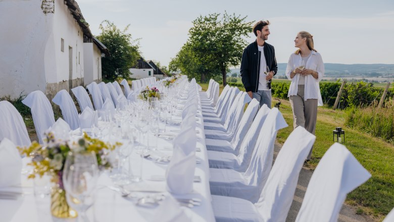 Tafeln in der Kellergasse „Alte Geringen“ in Ketzelsdorf , © Weinviertel Tourismus / Creating Click 